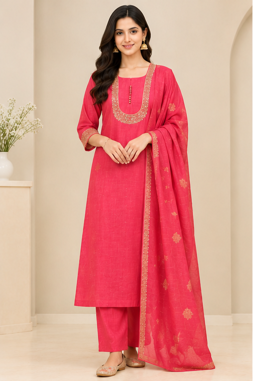 Full-length front view of pink embroidered soft Chinoon kurta set with dupatta