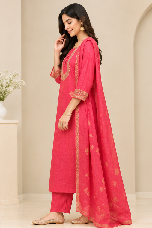 Side view of pink kurta set showing matching trousers and dupatta