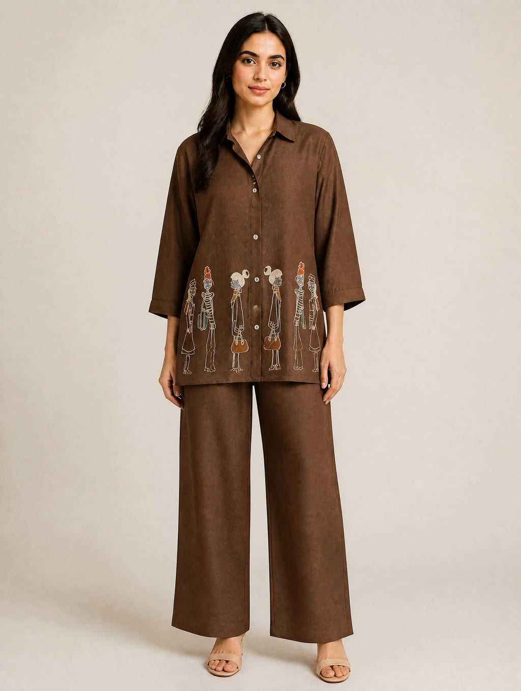 AI-styled front view of chocolate brown figurine-print co-ord set