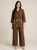 AI-styled front view of chocolate brown figurine-print co-ord set