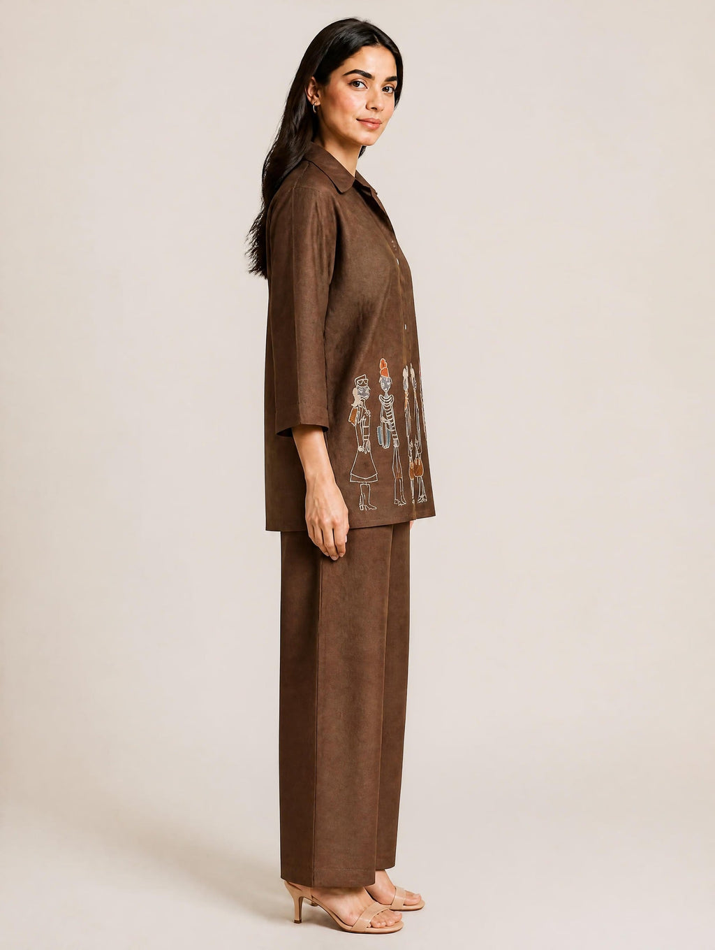 AI-styled side view of chocolate brown shirt and matching trousers