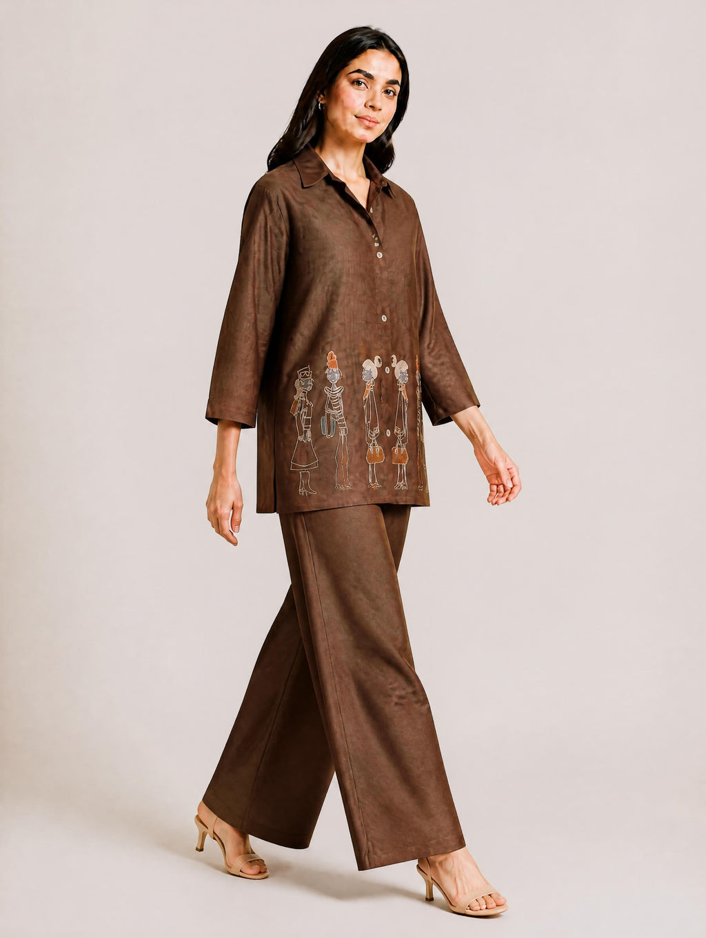 AI-styled walking view of chocolate brown soft rayon co-ord set