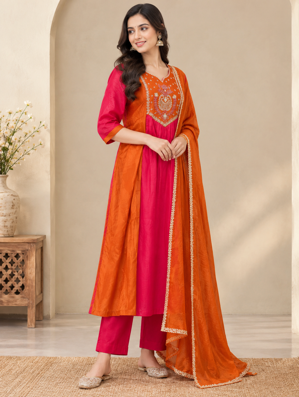 Angled standing view of pink and orange Malchanderi kurta set