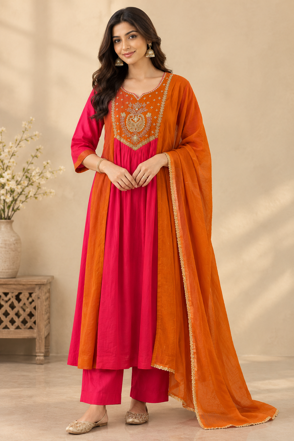 Front view of pink and orange embroidered kurta set with orange dupatta