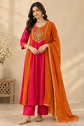Front view of pink and orange embroidered kurta set with orange dupatta