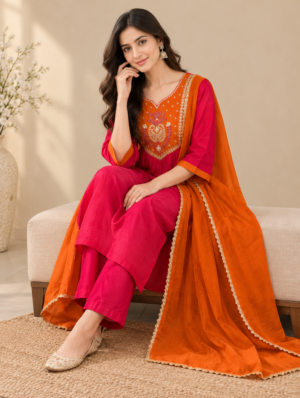 Seated view showing embroidered chest panel and orange dupatta border