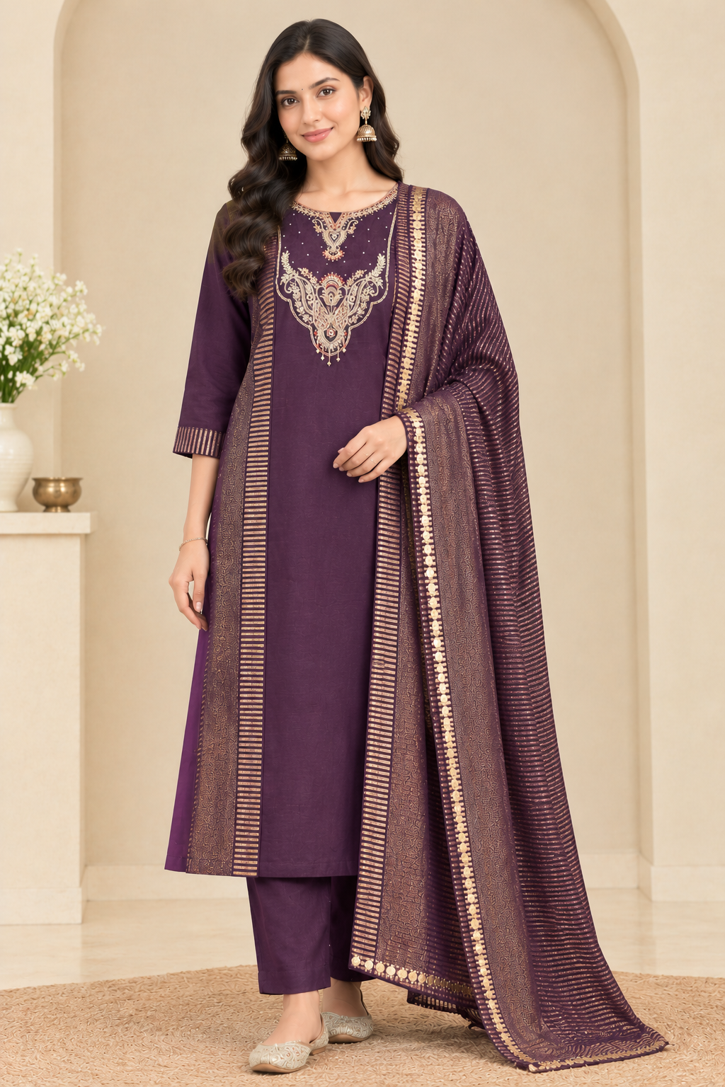 Alternate standing view of plum kurta set showing gold-tone chest embroidery