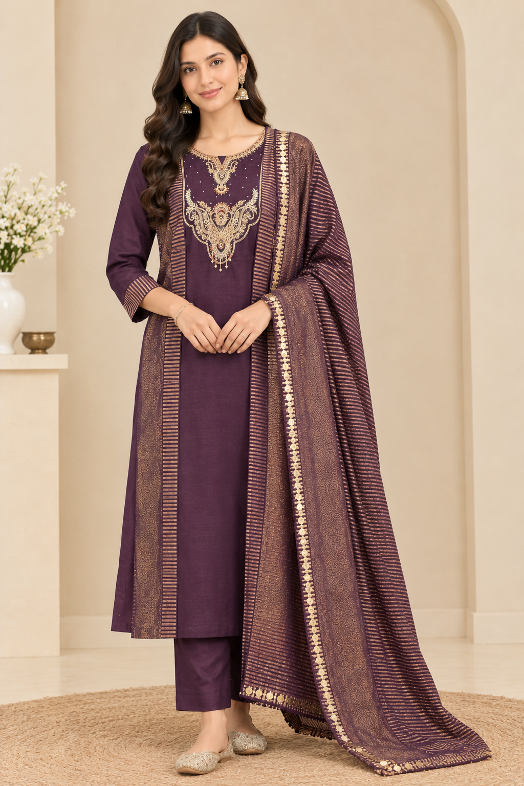 Plum Chinoon kurta set showing striped cuffs and decorative dupatta border