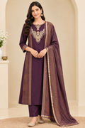 Full-length front view of plum embroidered Chinoon kurta set with patterned dupatta