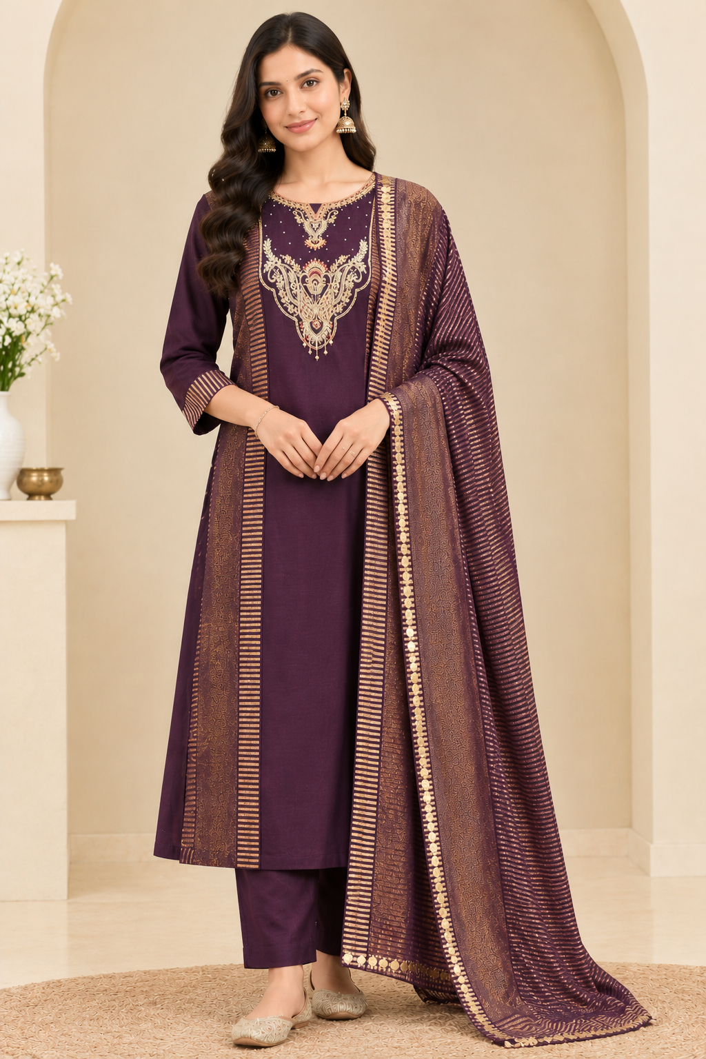 Full-length front view of plum embroidered Chinoon kurta set with patterned dupatta