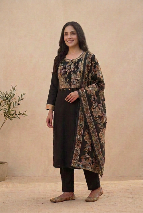Black kurta standing pose with small cuff borders