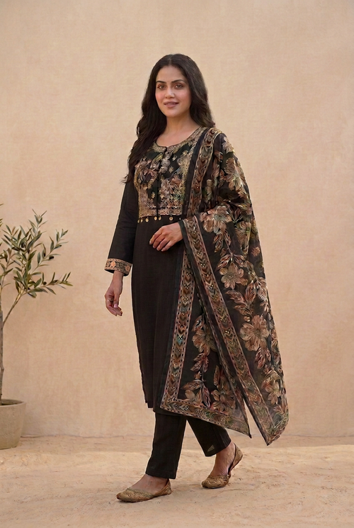 Black kurta walking pose with small cuff borders