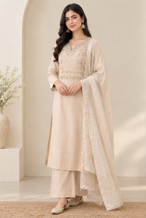 Cream kurta angled photo in 2:3 proportions
