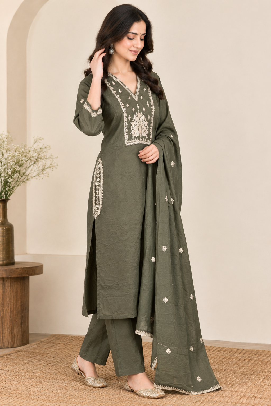 Olive Green Embroidered Cotton Kurta Set with Dupatta