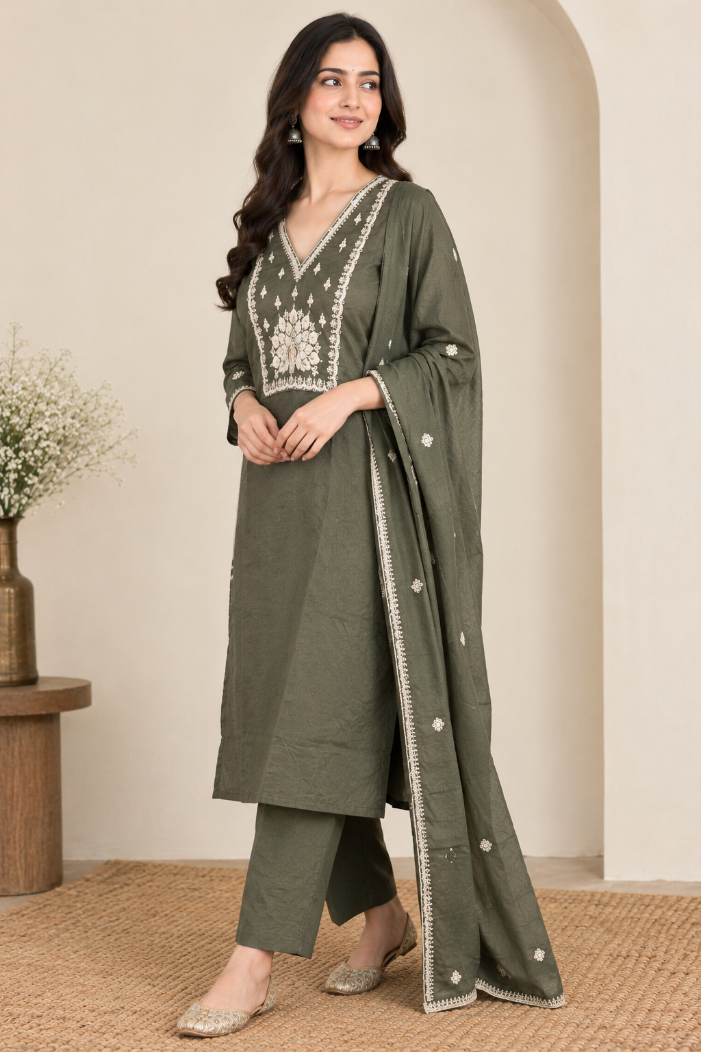 Olive Green Embroidered Cotton Kurta Set with Dupatta