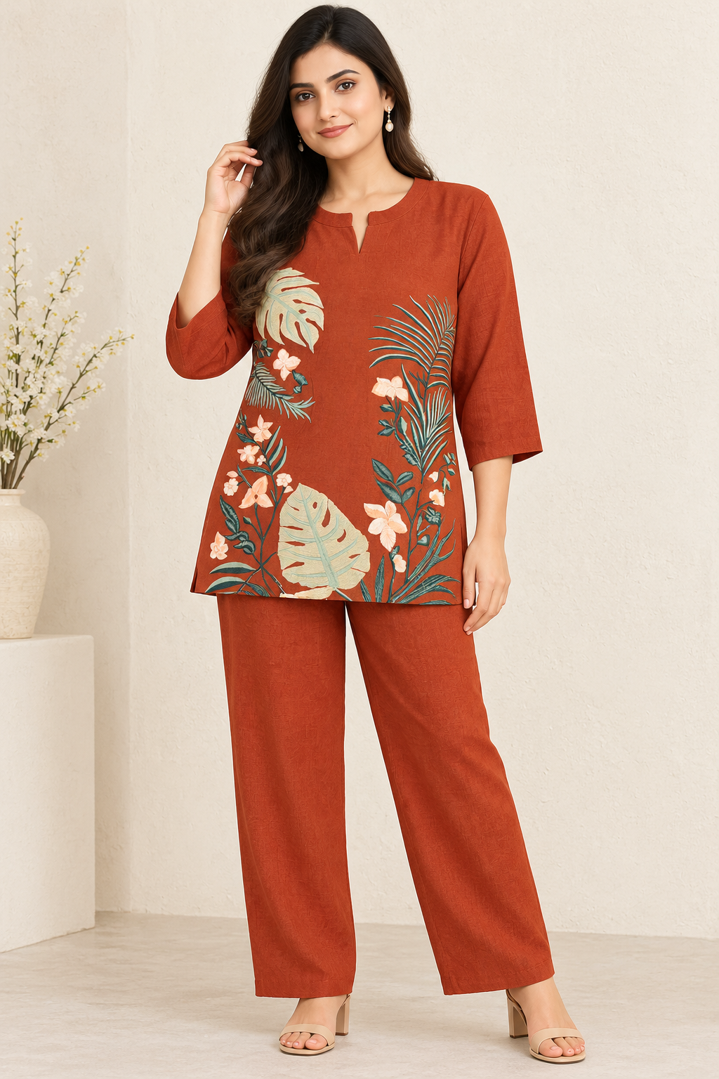 Side view of rust botanical print co-ord set