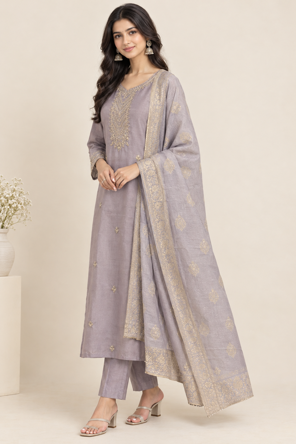 Lavender Gold-Tone Detail Rayon Kurta Set with Dupatta