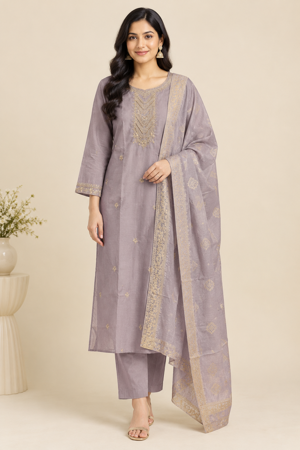 Lavender rayon kurta set with gold-tone neckline detailing and matching dupatta