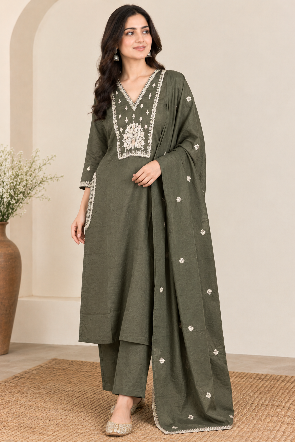 Olive Green Embroidered Cotton Kurta Set with Dupatta