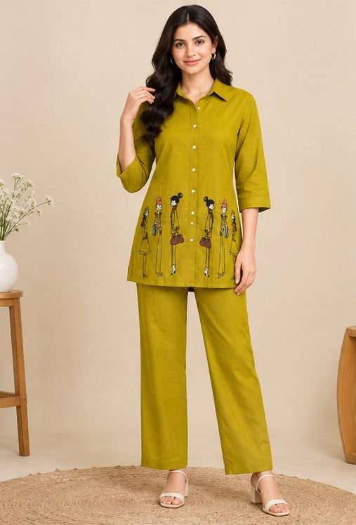 Full-length front view of chartreuse figurine-print shirt and matching trousers