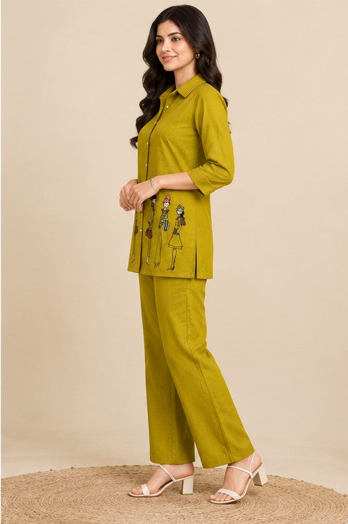 Side view of chartreuse soft rayon co-ord set