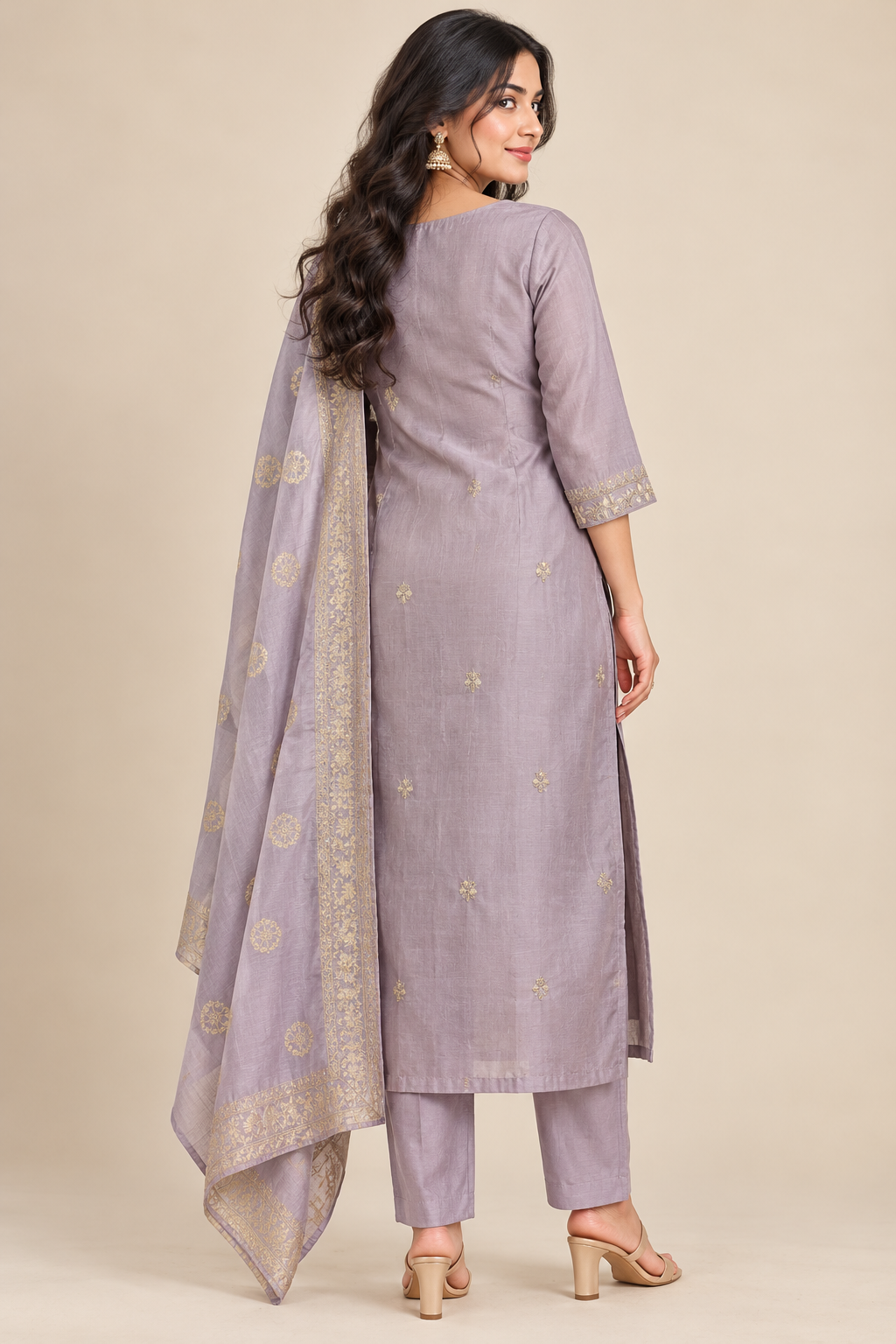Lavender Gold-Tone Detail Rayon Kurta Set with Dupatta