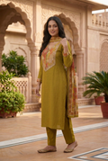 AI-generated three-quarter model styling preview of mustard kurta set