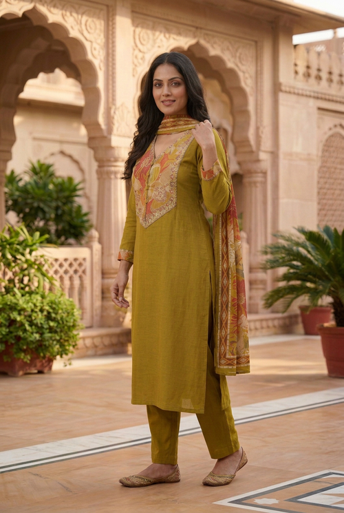 AI-generated three-quarter model styling preview of mustard kurta set
