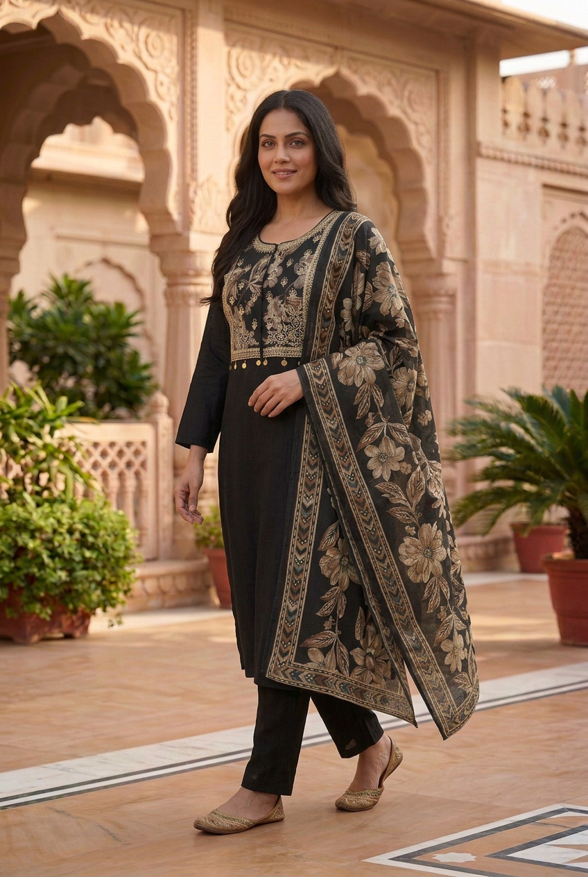 AI-generated walking-angle model styling preview of black kurta set