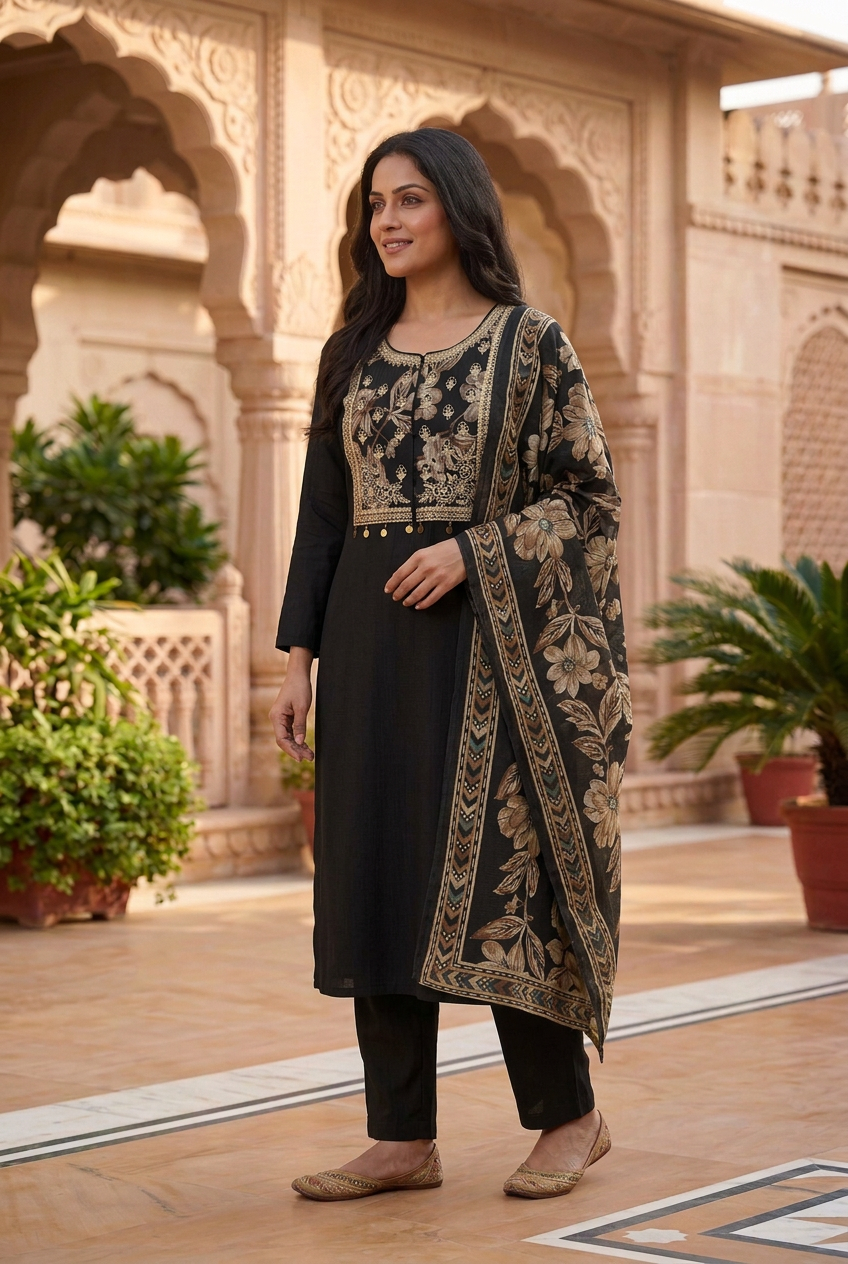 AI-generated model styling preview of black floral embroidered kurta set