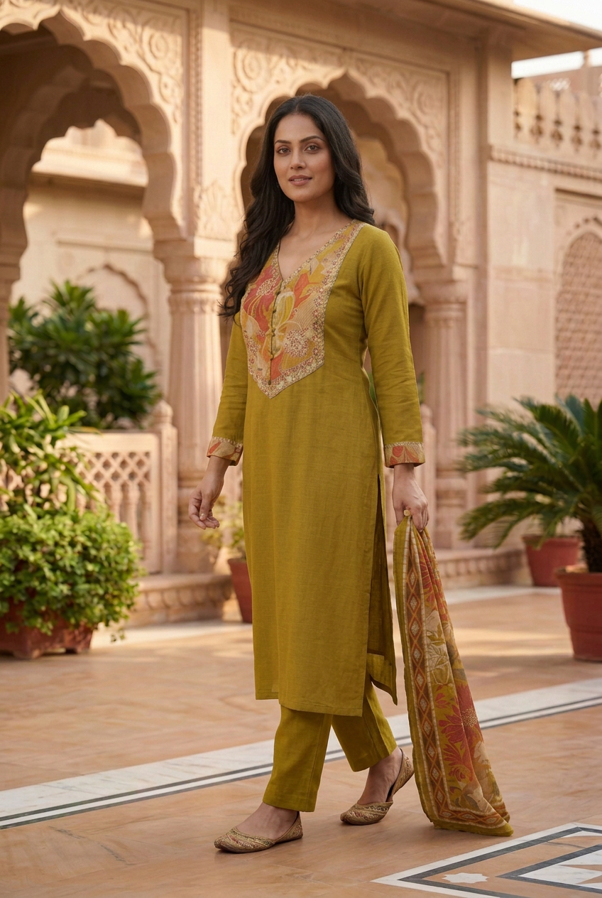 AI-generated walking-angle model styling preview of mustard kurta set