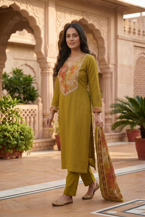 AI-generated walking-angle model styling preview of mustard kurta set