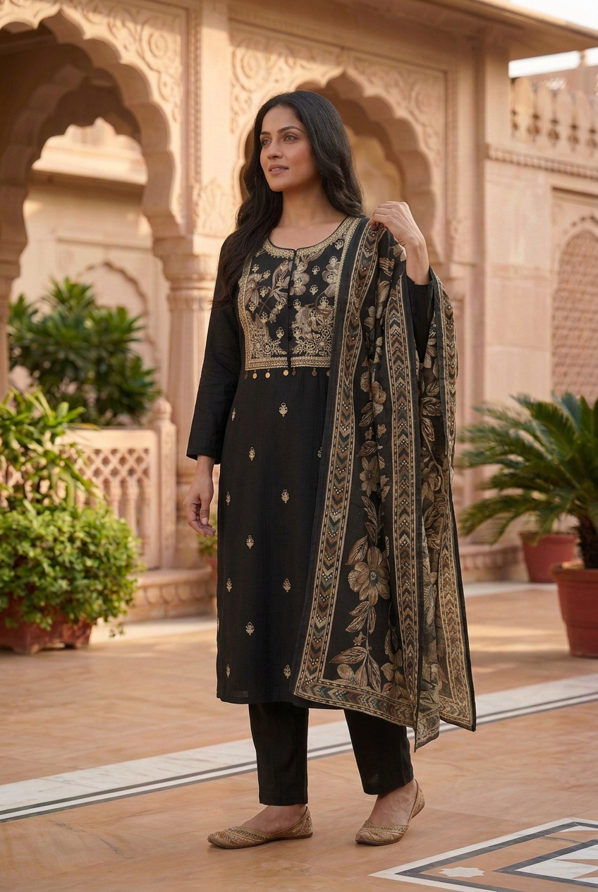 AI-generated three-quarter model styling preview of black kurta set