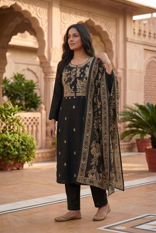 AI-generated three-quarter model styling preview of black kurta set