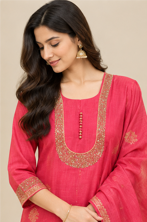 Detail view of pink kurta neckline and embroidered sleeve cuffs