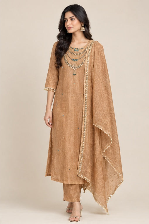 Caramel Salsa kurta set with embellished neckline and matching dupatta