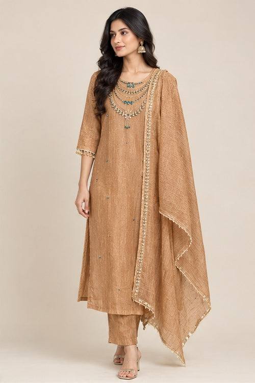 Caramel Salsa kurta set with embellished neckline and matching dupatta