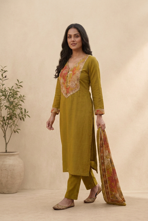 Mustard kurta set’s second pose with matching beige background