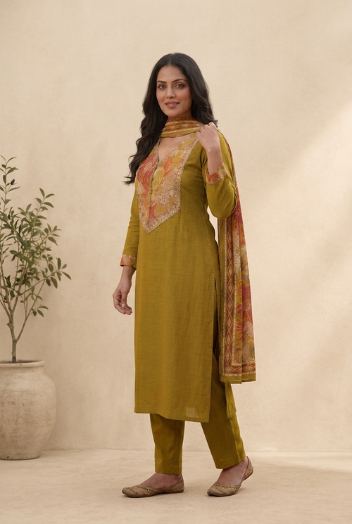 Mustard kurta set with matching beige background