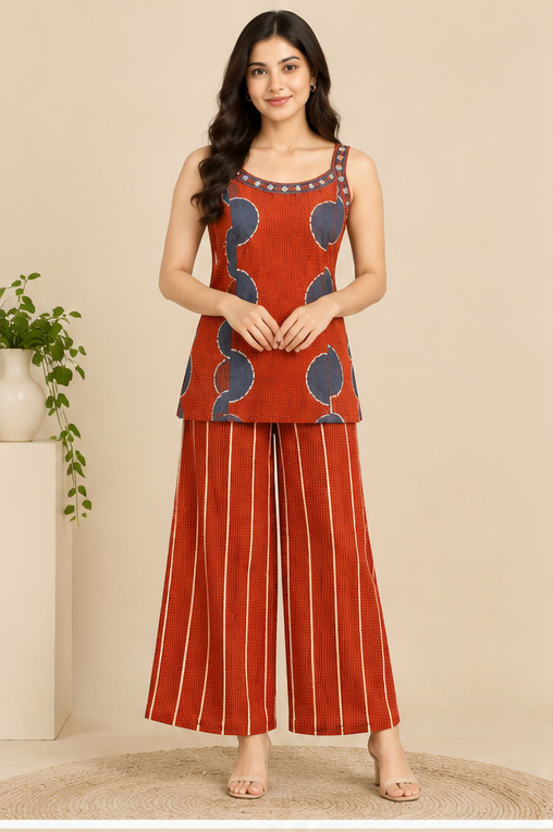 Front view of rust circle-print sleeveless top and striped wide-leg pants