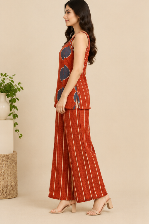 Side view of rust sleeveless top and striped palazzo pants