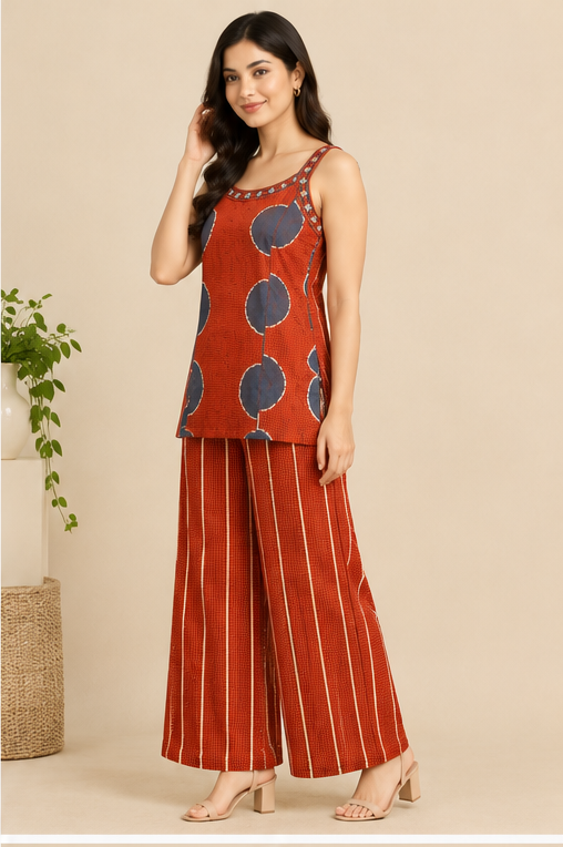 Three-quarter view of rust cotton co-ord set