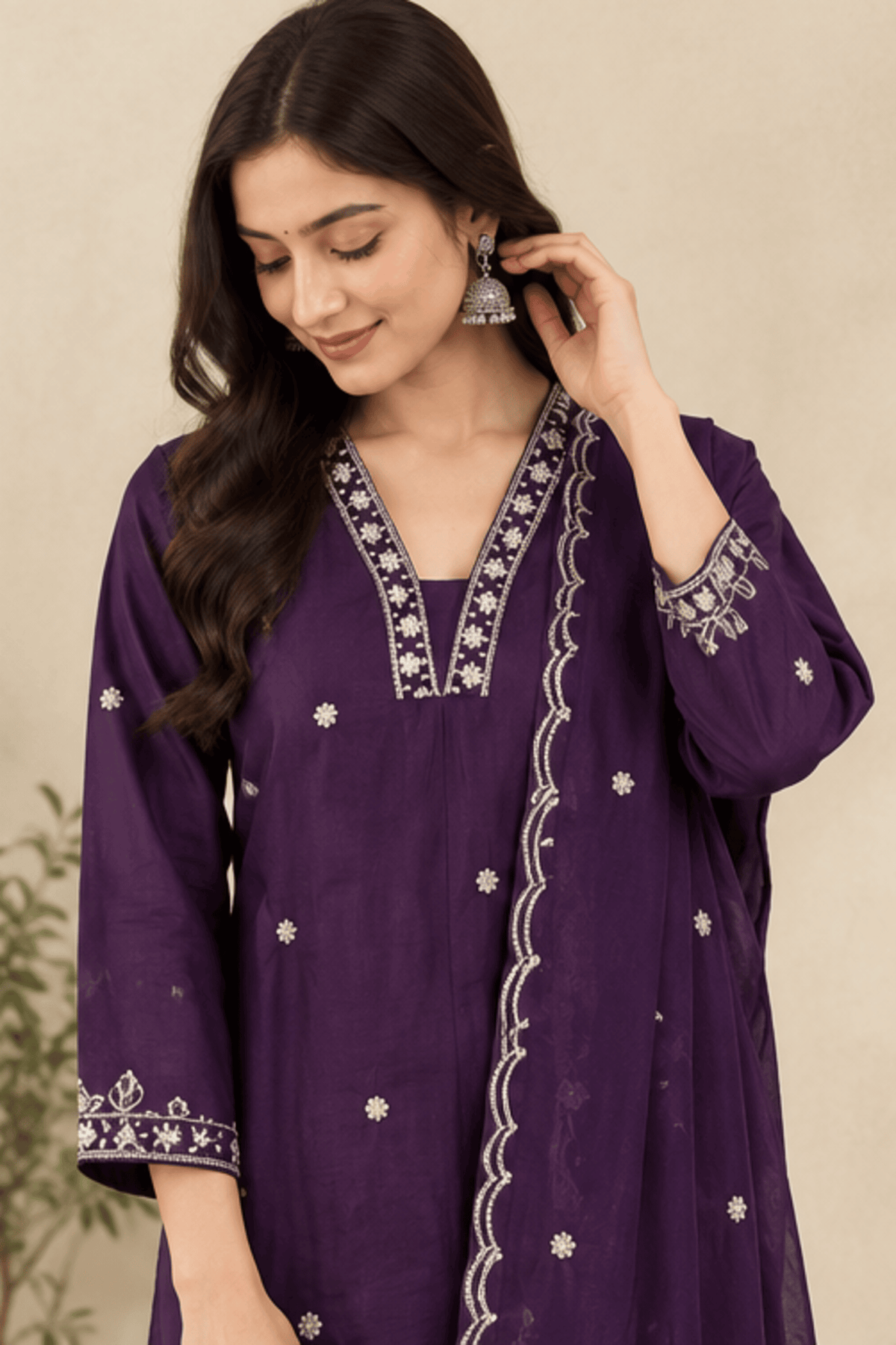 Purple Floral Embroidered Kurta Set with Dupatta