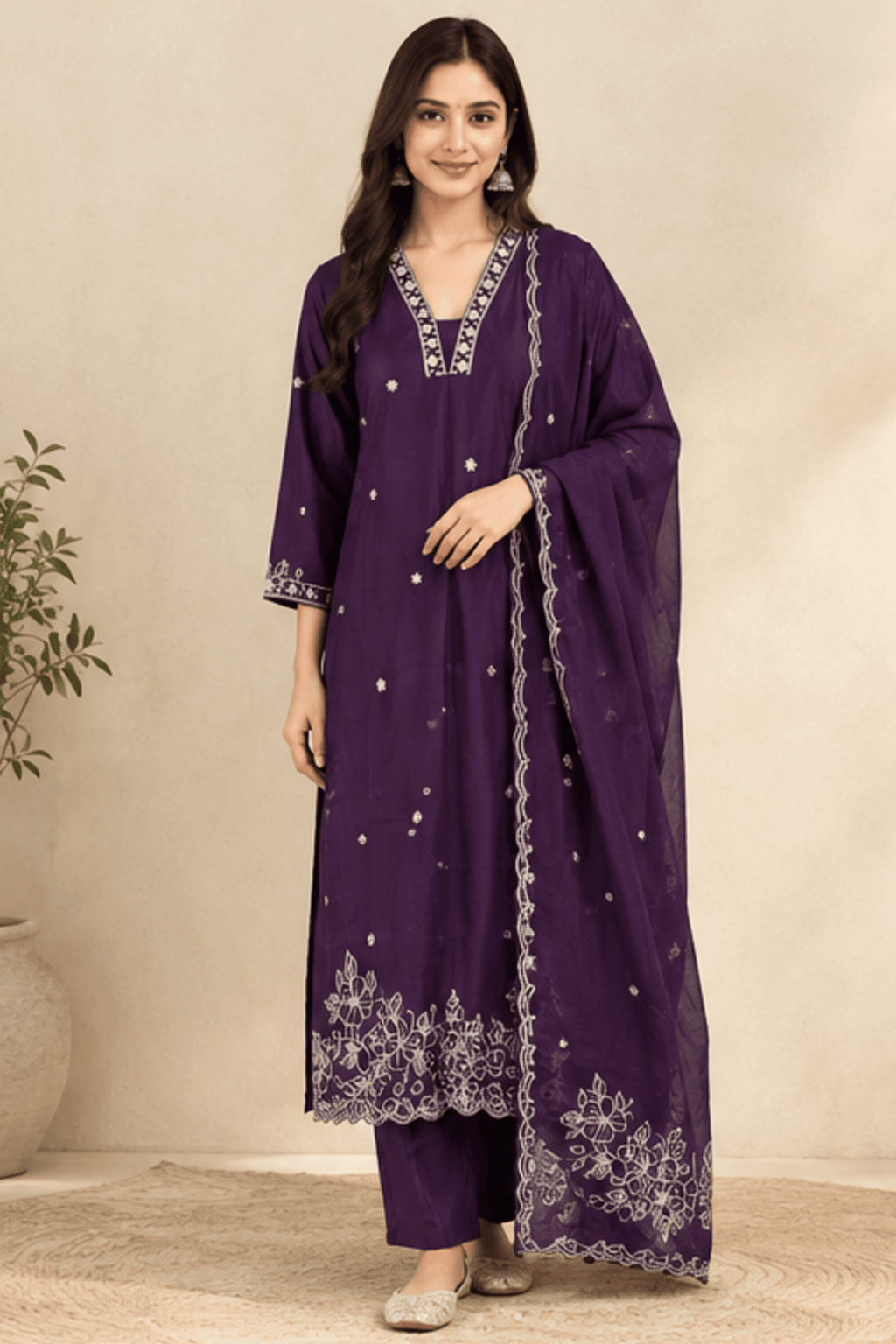 Purple Floral Embroidered Kurta Set with Dupatta