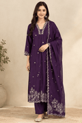 Purple Floral Embroidered Kurta Set with Dupatta