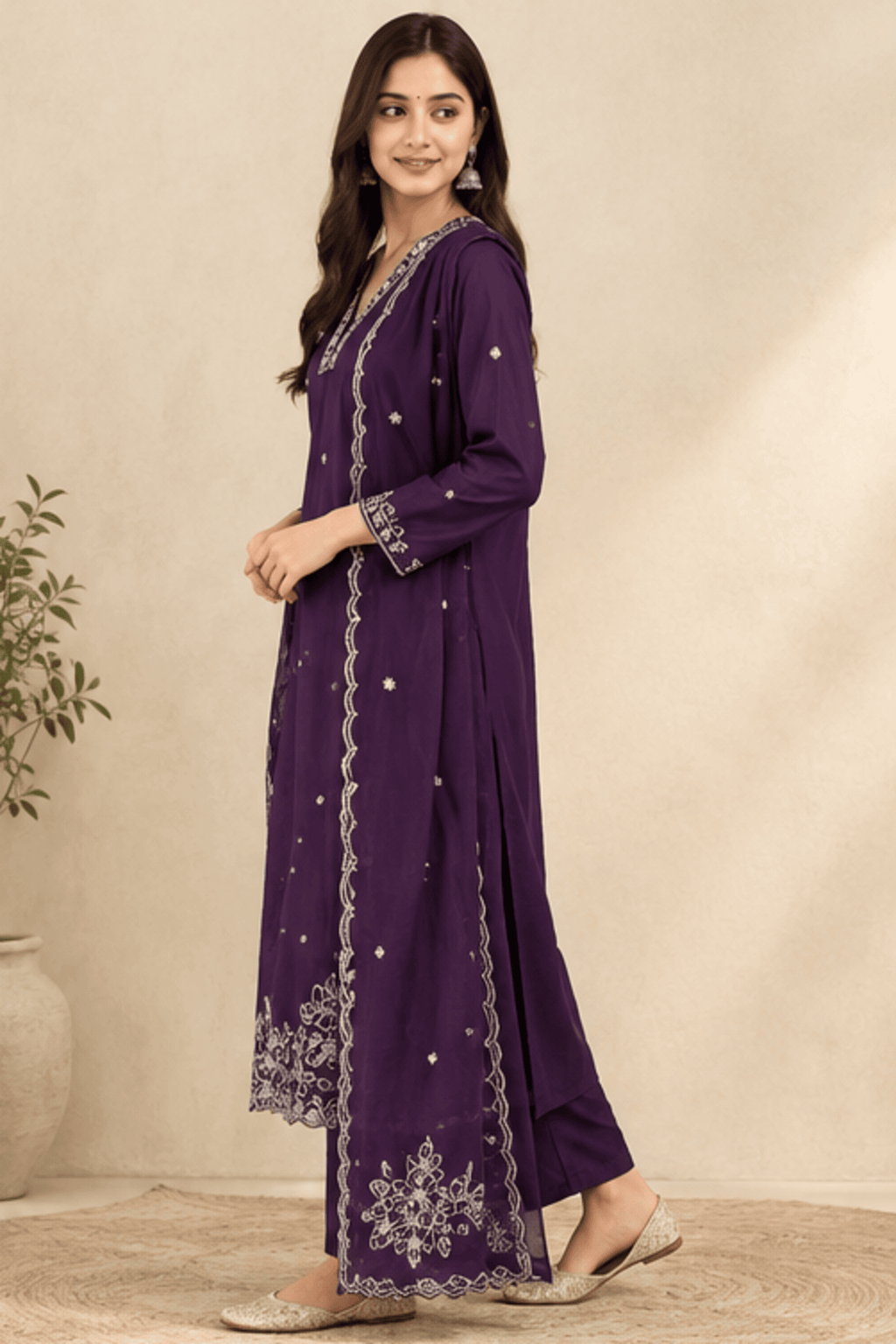 Purple Floral Embroidered Kurta Set with Dupatta